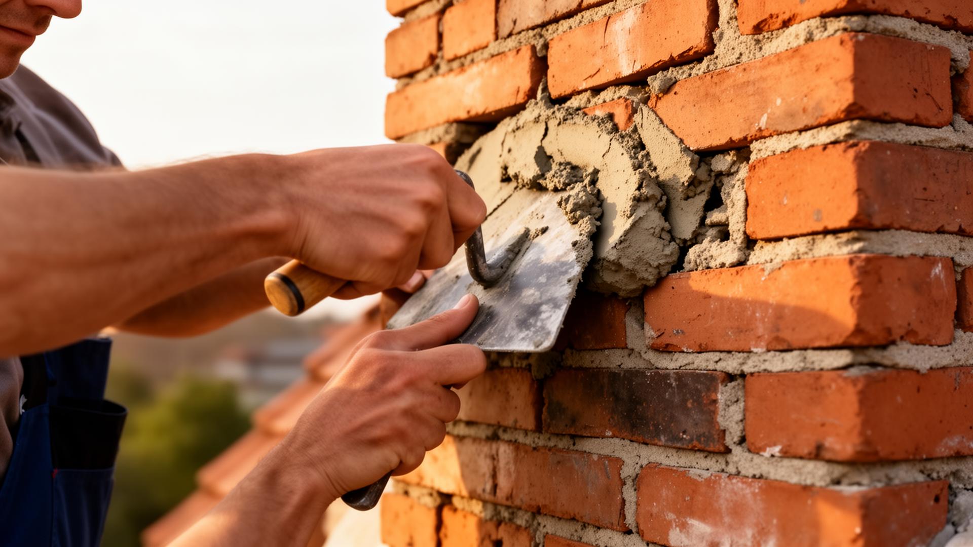 Mason repairing a brick chimney